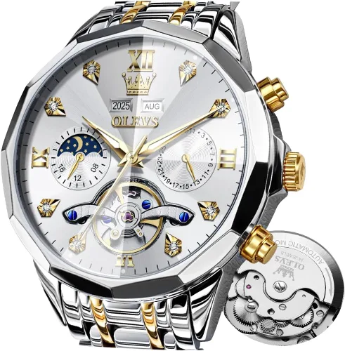 Vista 14 de OLEVS - Reloj Automático de Lujo para Hombre con Diamante, Automático, Multifuncional, Calendario, de Acero Inoxidable, Impermeable, Luminoso