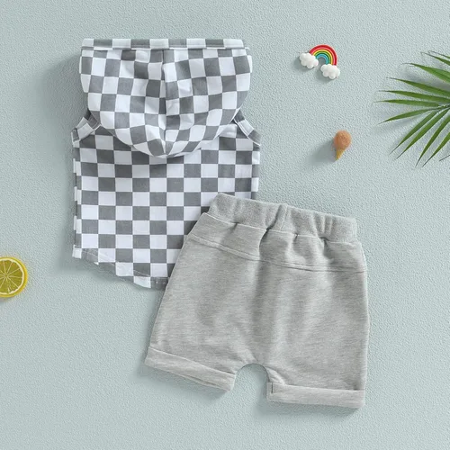 Vista 21 de Conjunto de ropa de verano para bebé niño y niño, diseño a cuadros, manga corta, sudadera con capucha y pantalones cortos casuales