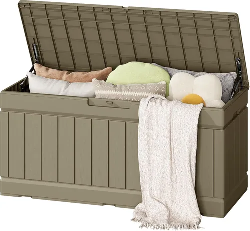 Vista 16 de Flamaker Outdoor Storage Box 80 Gallon Resin Waterproof Deck Box Marrón profundo