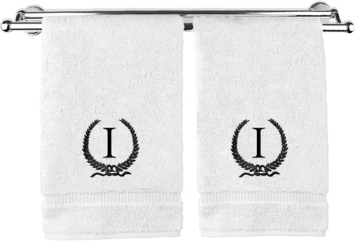 Vista 102 de Toalla de mano con monograma, regalo personalizado, 16 x 30 pulgadas, letra blanca bordada con diseño de corona en toalla negra, extra absorbente