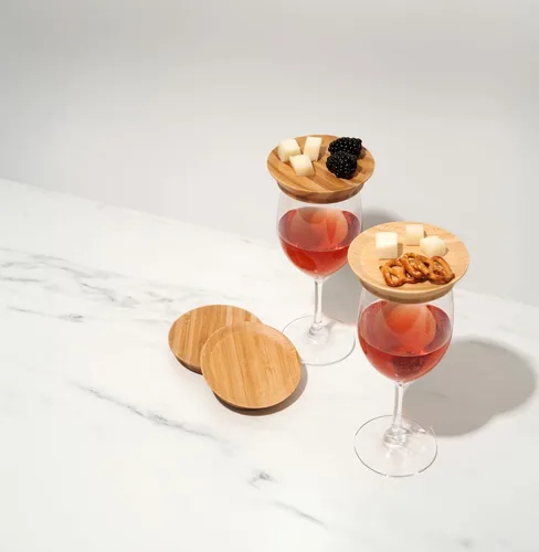 Vista 5 de True Platos de aperitivo de vidrio de bambú, cubiertas para tazas, cubiertas de madera para copas de vino, platos de cóctel para vino, accesorios