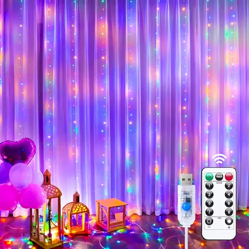 Vista 13 de Minetom Luces de cortina, 300 luces LED regulables, 8 modos Blanco cálido