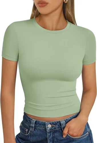 Vista 33 de Trendy Queen - Camisetas básicas para mujer, camisetas de verano 2025, de manga corta, ajustadas, para gimnasio, entrenamiento, ropa estilo Y2K