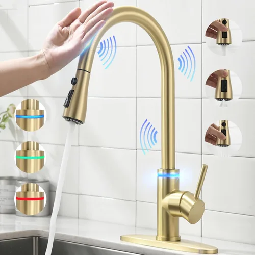 Vista 9 de Grifo de cocina táctil, rociador desplegable de 3 modos, sensor táctil activado, control de temperatura LED, rotación de 360 grados, placa de Negro