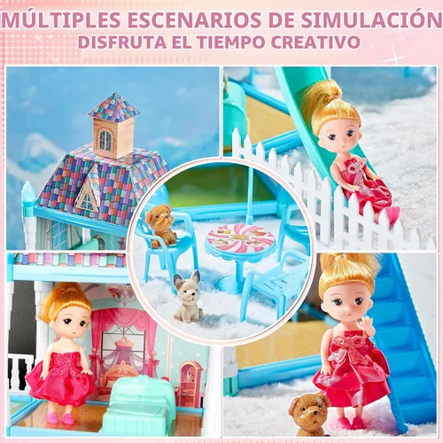Vista 4 de Casa de Muñecas OCTERIC para Niñas, Casa de Muñecas de 13 Habitaciones con 2 Muñecas, Luces, Figuras, Cachorros, Muebles, Accesorios, Juguetes