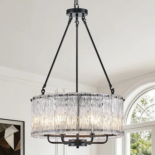 Vista 17 de CATINER Candelabro de cristal de 20 pulgadas, moderno, 6 luces, lámparas de tambor dorado, iluminación colgante de techo de lujo para entrada