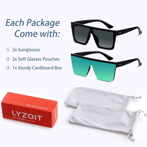 Vista 6 de LYZOIT Lentes de sol cuadrados de gran tamaño para mujeres y hombres, parte superior plana grande, protección UV, sombras sin montura