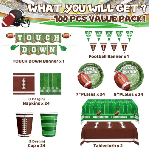 Vista 2 de Decoraciones para fiestas de fútbol – 100 piezas de suministros para fiestas que sirven 24, pancartas de retocar, platos, mantel, taza y servilletas