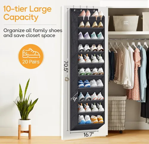 Vista 6 de KIMBORA Organizador de zapatos para colgar sobre la puerta, 12 bolsillos grandes de malla, color blanco y 10 niveles para almacenamiento de puerta