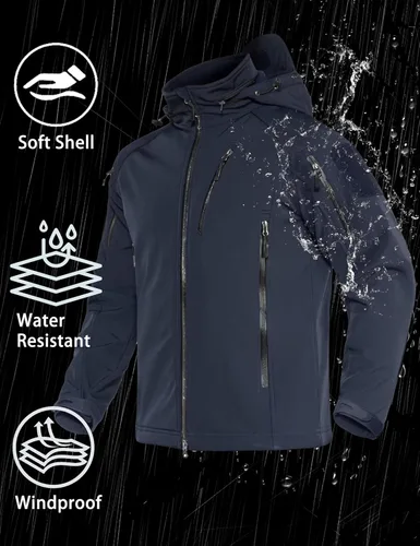 Vista 2 de MAGCOMSEN Abrigos de invierno para hombre, 8 bolsillos, con capucha, resistente al agua y al viento, chaqueta táctica Softshell