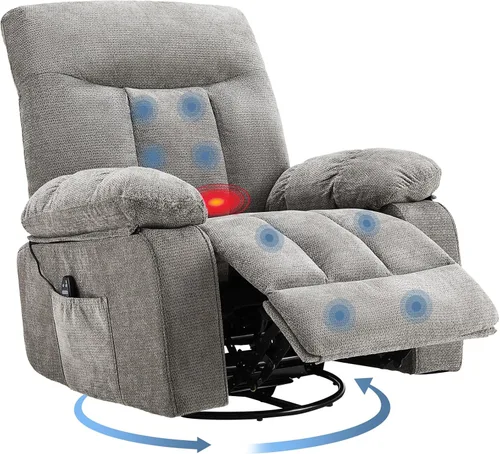 Vista 10 de DUMOS Rocker - Silla reclinable giratoria con masaje por vibración y calefacción lumbar, sillón reclinable de tela de felpilla giratoria de 270°