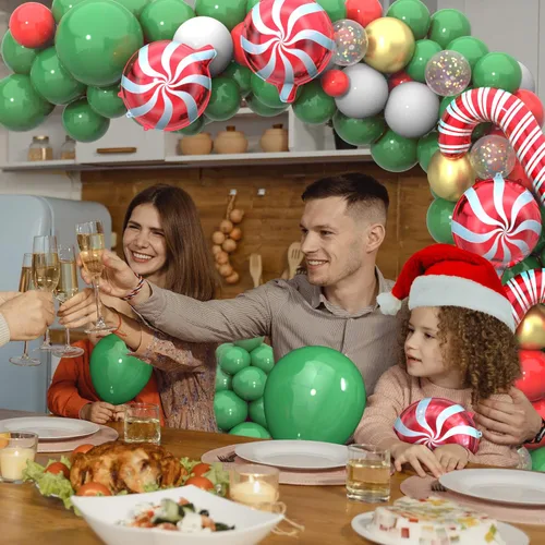 Vista 5 de Kit de arco de guirnalda de globos de Navidad, 150 unidades con globos de aluminio de caramelo de Navidad, verde, rojo, blanco, dorado, globos