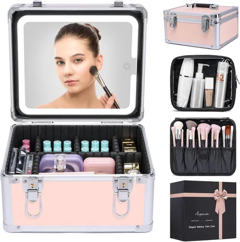 Vista 9 de Estuche de maquillaje con espejo LED, estuche rígido de viaje con espejo iluminado recargable y divisores ajustables, bolsa de almacenamiento