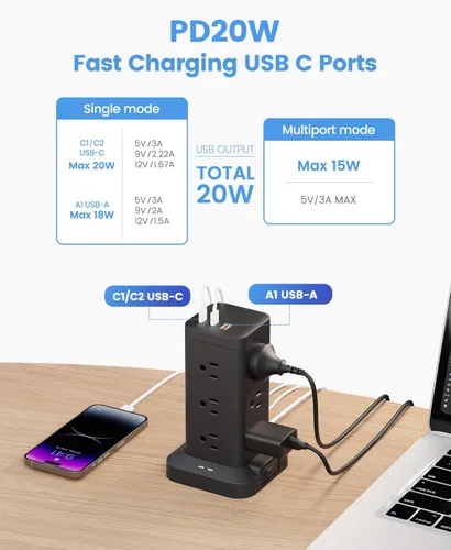 Vista 4 de Torre de regleta de alimentación con protector de sobretensiones de 1800J, torre de carga rápida PD20W puertos USB-C con 12 salidas de CA, cable