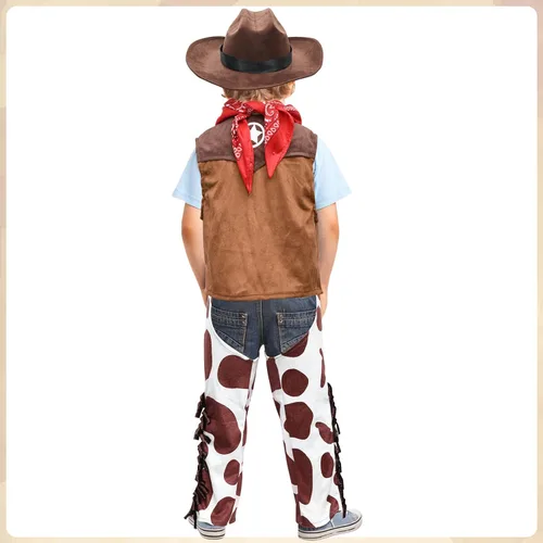 Vista 3 de Kids Cowboy Costume Boys Halloween Dress Up Cosplay Set Birthday Party Role Play Western Chaps Outfit Hat Accessories