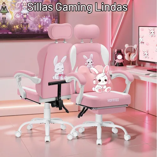 Vista 3 de Silla de juegos rosa para niñas y niños, sillas de computadora de masaje con lindo conejito Cute Silla Gamer 135° Reclining Game Cahir with