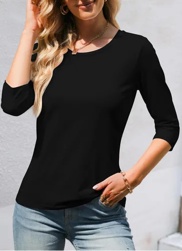 Vista 2 de Camiseta básica de algodón liso liso con cuello redondo y manga 34 para mujer