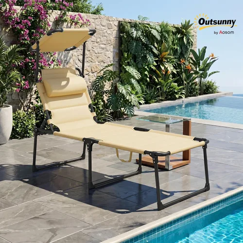 Vista 2 de Outsunny Sillón para exteriores, respaldo ajustable, tumbona plegable, silla de bronceado acolchada con techo parasol y reposacabezas de almohada
