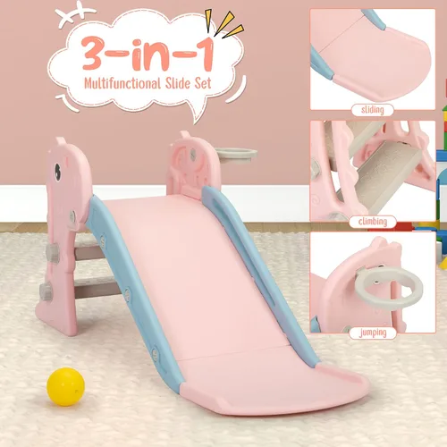 Vista 3 de Nyeekoy 3 en 1 Tobogán para niños pequeños, juego de escalada y deslizamiento con aro de baloncesto, patio de juegos para interiores y exteriores