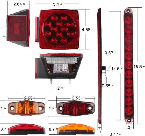 Vista 4 de Kit de luz LED de 12V para remolque, 2x luz de parada, giro y cola LED cuadrada, luces de placa de matrícula y marcha con arnés de cableado de 25