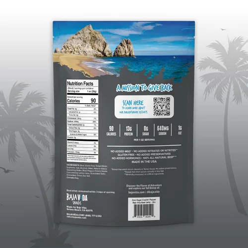 Vista 2 de Baja Beef Jerky - Cecina de res 100% natural, cetogénica, sin gluten, cecina artesanal baja en calorías, 0.46 oz de proteína por porción, sin