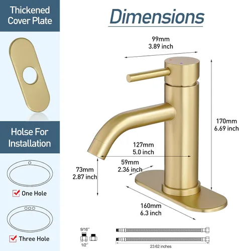 Vista 6 de GENBONS Grifos de Baño Dorados, Grifo de Lavabo Moderno de Una Sola Manija Dorado Cepillado de 1 Agujero con Placa de Cubierta de 3 Agujeros, Grifo