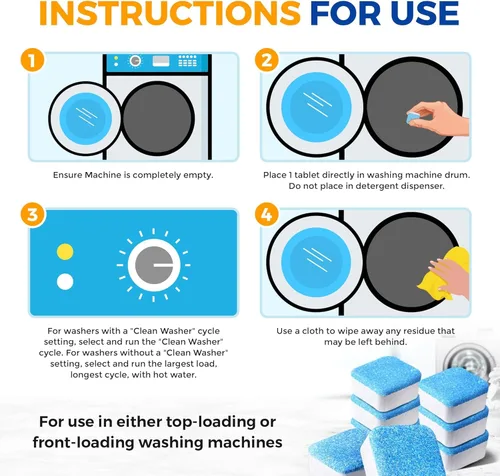 Vista 4 de Tabletas Limpiadoras para Lavadora Paquete de 24 Descalcificador Potente - Limpieza Profunda para Lavadoras HE de Carga Frontal y Superior Seguro