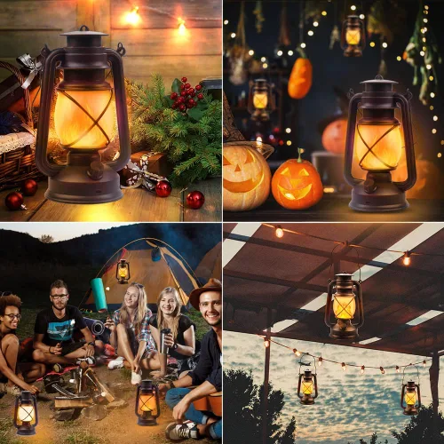 Vista 5 de Farol LED de campamento con pilas, lámpara colgante para exteriores, linterna recargable, llama parpadeante, faroles retro, control remoto, 4 modos