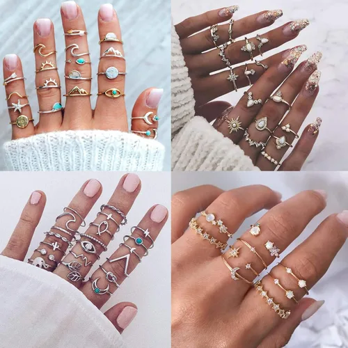 Vista 2 de Juego de 62-101 anillos vintage para nudillos, apilables por debajo de la rodilla para mujeres, adolescentes, niñas, anillos bohemios dorados