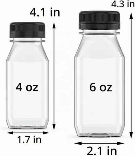 Vista 2 de Hulless 10 Piezas Botellas de Jugo de Plástico de 4 Onzas Recipientes de Bebidas Botellas de Jugo con Tapas Negras, Adecuadas para Jugos, Batidos