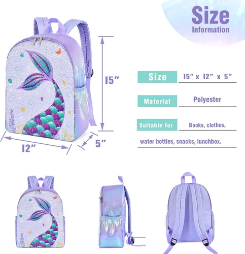 Vista 7 de WERNNSAI Mochila de sirena para niños mochila escolar de lentejuelas brillantes para niños pequeños preescolar jardín de infantes primaria 15