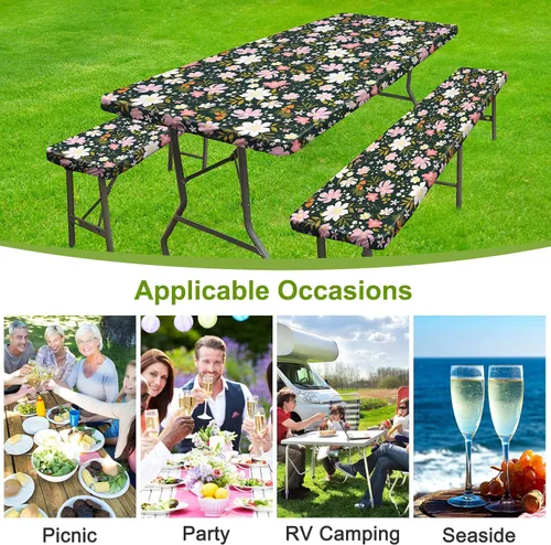 Vista 6 de ICOSY Mantel de picnic con fundas de banco de 30 x 72 pulgadas, resistente al viento, mantel rectangular ajustable para mesas de 6 pies, accesorios