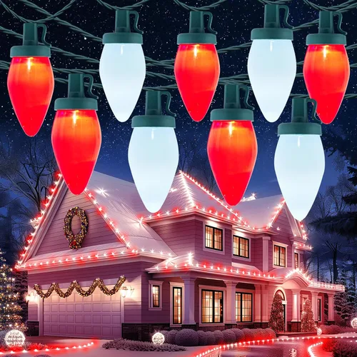 Vista 8 de Luces de Navidad C9 para Exteriores, 100 Pies de Luces de Cadena Impermeables Color Fresa con 100 Bombillas, Luces Impermeables Conectables