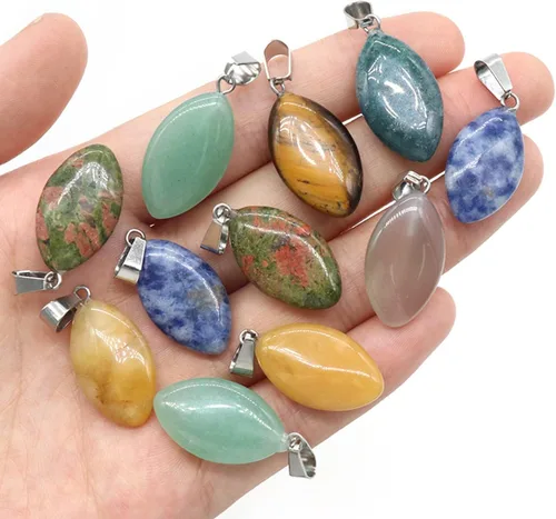 Vista 4 de LHJ 20 colgantes de piedra natural con forma de marquesa de cristal de ágata de chakra para hacer joyas, collares, aretes