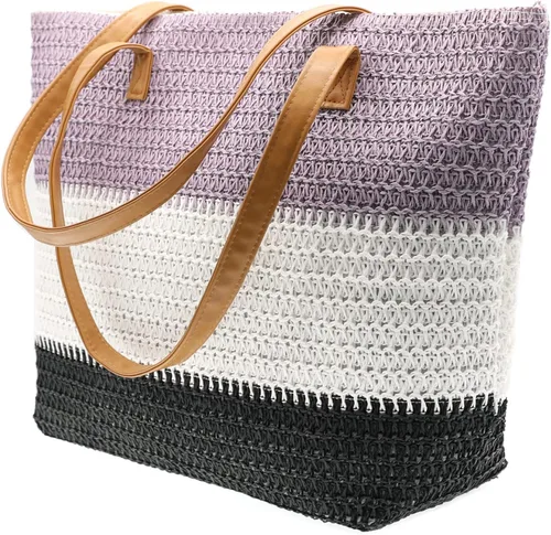 Vista 95 de Bolso grande de paja para mujer, tejido de ratán, bolso de playa de verano, a rayas