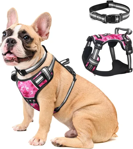 Vista 19 de Arnés para perro sin tirones, arneses para mascotas con collar, chaleco Oxford reflectante y ajustable, hebillas delanteras y traseras para correa