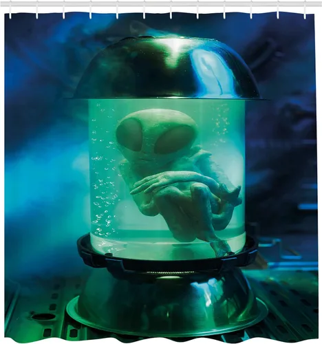 Vista 2 de Ambesonne Cortina de ducha del espacio exterior, imagen artística de un OVNI marciano en un acuario, imagen de arte de tubo, juego de decoración