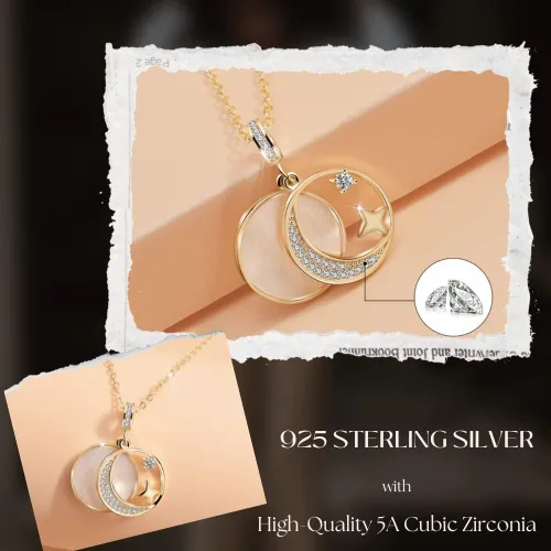 Vista 5 de Luna+ Collar con colgante de plata de ley 925 con media luna y media luna, circonita cúbica para mujeres y niñas, Plata esterlina, Circonia cúbica