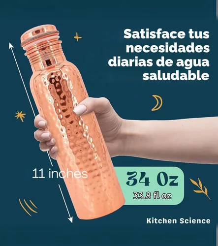 Vista 5 de Kitchen Science Botella de agua de cobre ayurvédico auténtica (1000 ml/34 oz) con vaso de cobre para agua potable, bolsa de transporte y funda
