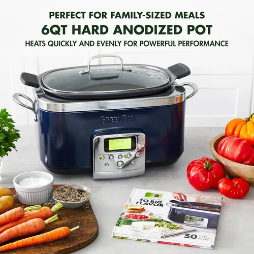 Vista 2 de GreenPan - Olla eléctrica programable Elite de cocción lenta 8 en 1, 6 cuartos de galón, tapa de vidrio y recipiente extraíble, sin PFAS, cerámica