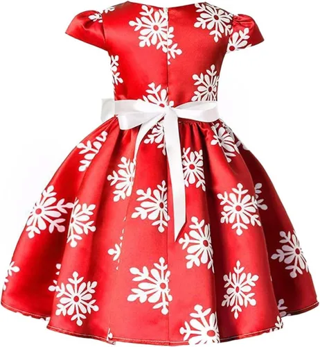 Vista 3 de Vestido de Navidad para niñas pequeñas, con estampado de copos de nieve, para boda, formal, cumpleaños, fiesta, con cinturón de lazo