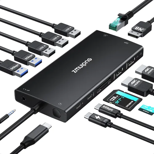 Vista 8 de Hub USB C Estación de acoplamiento USB C Monitor dual 4K@60Hz+DP 8K@30Hz para Dell HP, Estación de acoplamiento para portátil 3 monitores 15 en 1
