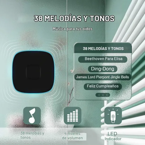 Vista 3 de BO YING - Timbre inalámbrico para puerta, impermeable, fácil de instalar, alcance de 1000 pies, 38 melodías, volumen ajustable y flash LED, 1 botón