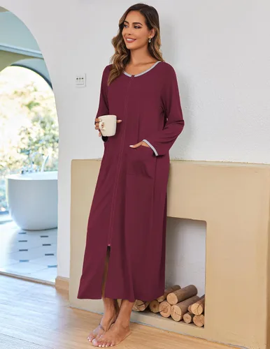 Vista 3 de Ekouaer - Abrigo largo de casa para mujer, con cremallera frontal, camisones de longitud completa con bolsillos, ropa de descanso a rayas, tallas