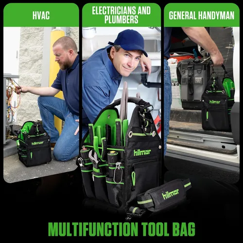 Vista 7 de Hilmor HT 1839078 - Bolsa de herramientas HVAC con 27 bolsillos, clip para llaves, lazo para cinta, correa para el hombro, herramientas y equipos