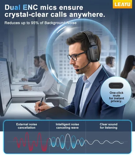 Vista 2 de Auriculares Bluetooth Trucker, micrófono con cancelación de ruido AI de 60 horas para conducir Mute Button, Multipoint Pairing, Single-Ear Design