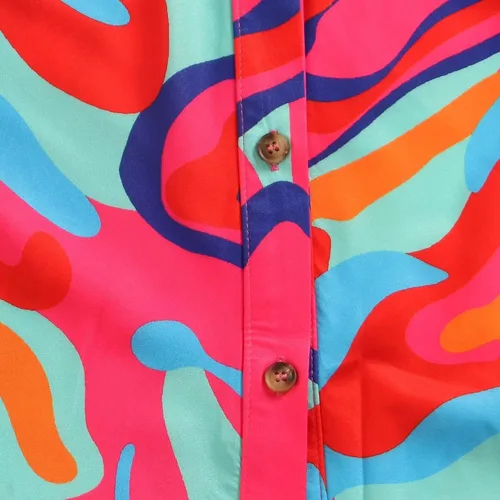 Vista 5 de Vestido largo estampado elegante fruncido con botones y manga corta con solapa y cinturón