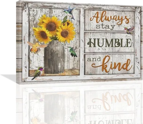 Vista 20 de Arte de pared motivacional, diseño rústico de girasol, colibrí, decoración de pared de baño, con citas inspiradoras "Always Stay Humild" y Kind