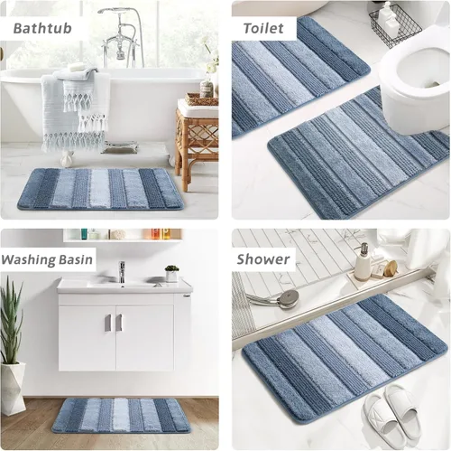 Vista 7 de Kmson Juego de 3 alfombras de baño de chenilla ombré, antideslizantes, ultra suaves, lavables, alfombras de baño peludas para bañera, tapete de Azul