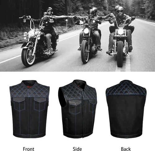 Vista 5 de GARGOYLE BELLS Chaleco de moto de mezclilla y cuero para hombre con bolsillos para pistola SOA Biker Club Chaleco con acolchado de diamante